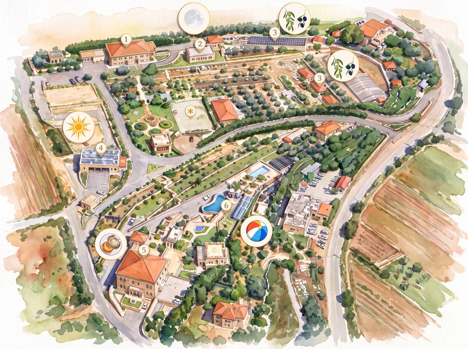 Illustrated watercolour venue map of Domaine des Oliviers in Batroun, Lebanon